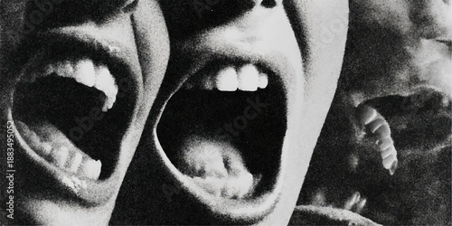 A dramatic black and white photograph featuring two open mouths screaming, conveying intense emotion and drama.