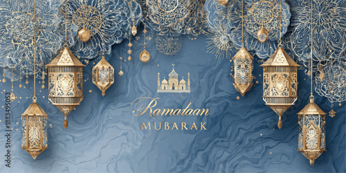 Ramadan mubarak with blue marble background and hanging lanterns