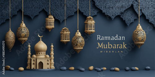Ramadan mubarak greeting card with hanging lanterns and mosque