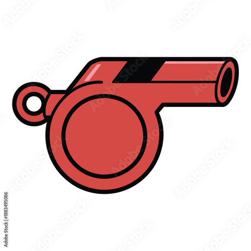 Red plastic sports whistle is shown isolated against a white.