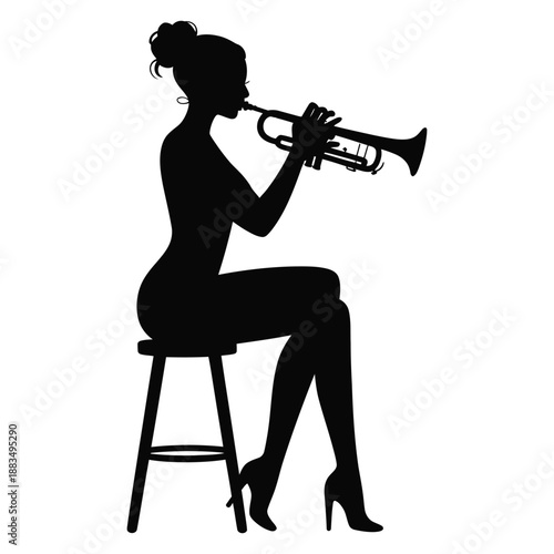 Female musician silhouette playing trumpet while seated on stool.