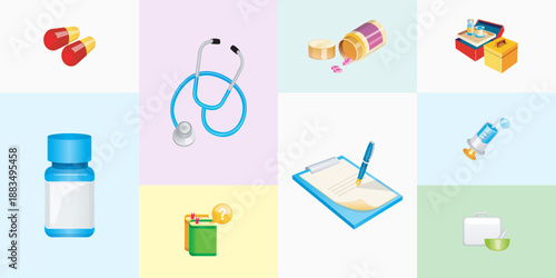 Collection of healthcare vector icons featuring a blue stethoscope medicine bottle or pill container clipboard with pen and various capsules or pills on a pastel grid background