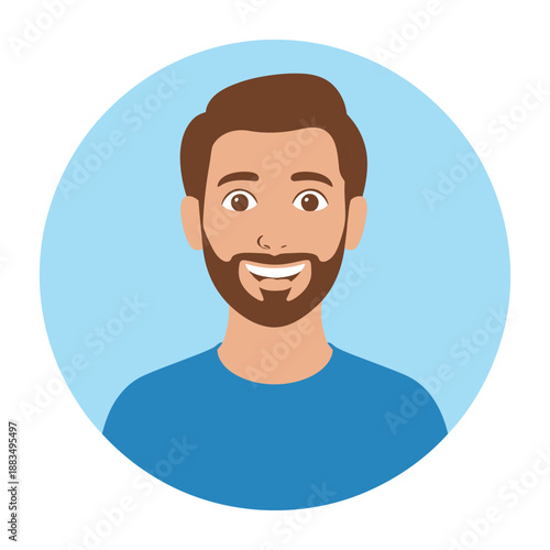 Smiling bearded man avatar with brown hair in blue circle.
