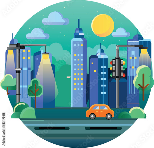 Illustration of an evening megalopolis with skyscrapers