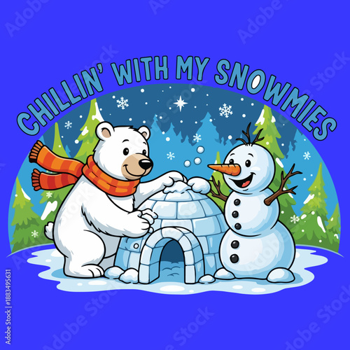 Adorable polar bear wearing an orange scarf building an igloo with a cheerful snowman during a snowy winter night illustration