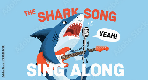 Cartoon illustration depicts a ferocious great white shark passionately singing into a vintage microphone while simultaneously rocking out on an electric guitar for a sing along.