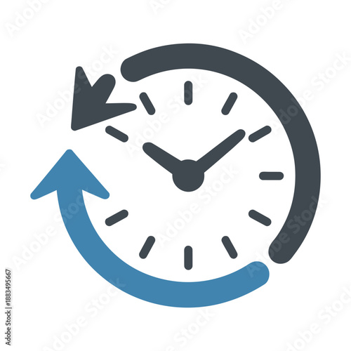 Circular clock face with bidirectional arrows indicating time.