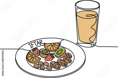 Continuous line art illustration showing dates on a plate, fruit slices, and a juice glass for iftar