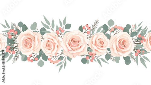 Beautiful seamless floral border with soft pink roses, red berries, and green eucalyptus leaves on a clean white background.
