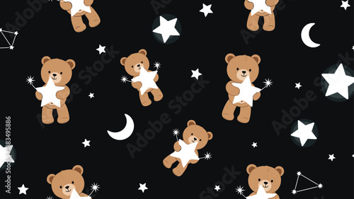Whimsical seamless pattern for children featuring cute teddy bears holding stars among crescent moons on a dark night sky background.
