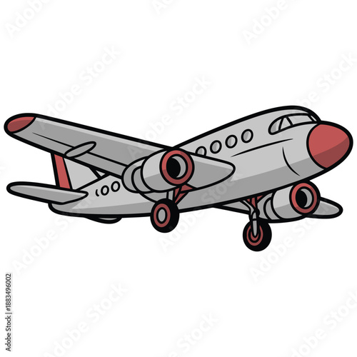 Cartoon airplane with landing gear is ready for takeoff soon.