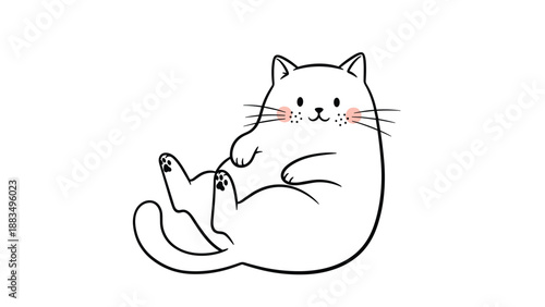 Minimalist line art drawing of a happy and chubby white cat lying on its back with its paws up in a relaxed and playful pose.