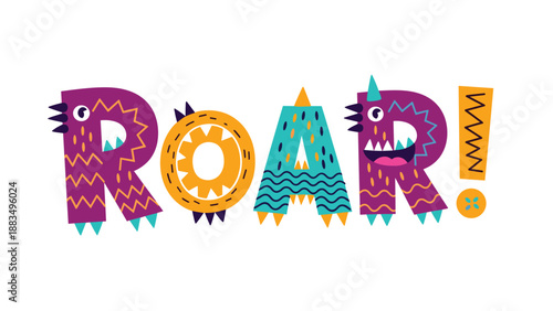 Vibrant and playful roar text design featuring colorful monster-themed letters with horns, teeth, and patterns for kids decor.