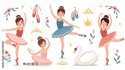 Elegant collection of ballerina girls in tutus, ballet shoes, crowns, and floral elements alongside a graceful white swan.