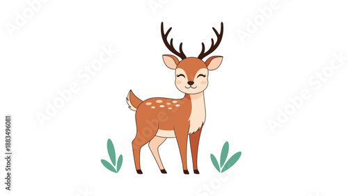 Sweet vector illustration of a spotted baby deer standing on green grass with a happy expression on a white background.