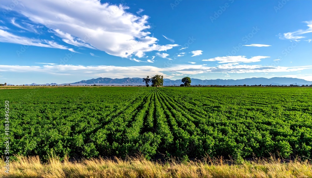 Fototapeta premium Vast agricultural landscape under a bright sky with fluffy clouds, with a tree, plants, and mountain range in the distance