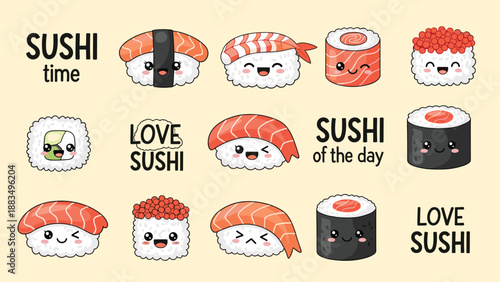 fun collection of various sushi rolls and nigiri with cute smiling faces and sushi related typography on a light cream background.