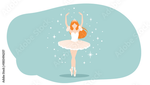 graceful ballerina with orange hair wearing a white and pink tutu dancing on point surrounded by sparkling white stars and magical glow.
