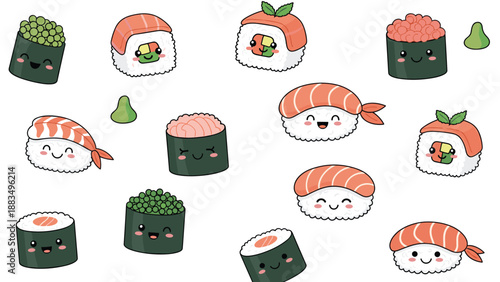 large assortment of cute sushi and onigiri characters with small smiling faces scattered over a white background with dots of wasabi.