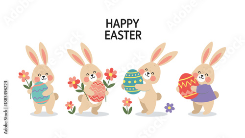 four happy beige easter bunnies holding decorated colorful eggs and spring flowers under a happy easter text illustration.