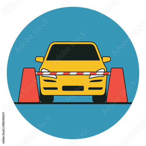 Car stopped at a security checkpoint with red and white barrier.