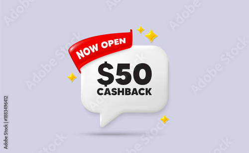 Cashback chat speech bubble. Now open flag ribbon. 50 Usd cashback. Money back offer sign. Cash back promo symbol. 3d sparkle stars speech bubble. Vector