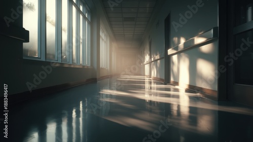 cinematic hospital corridor, soft morning sunlight through window, subtle shadows, modern minimalist design
