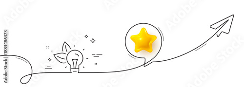 Eco energy line icon. Continuous line with share plane. Lightbulb sign. Electric power symbol. 3d star in speech bubble. Eco energy single line ribbon. Loop curve pattern. Vector