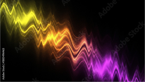 Vibrant wavy lines in yellow, orange, and purple hues dance across a dark background from a frontal viewpoint