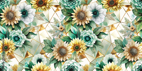 Vibrant floral pattern featuring sunflowers and succulents in teal and gold hues.