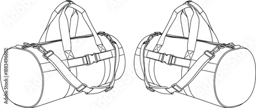 Black and white line of two identical duffel bags luggage travel sports