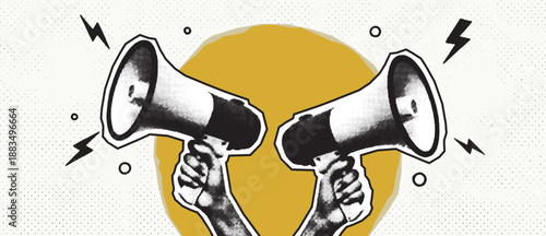 Pop Art Megaphone Announcement Illustration with Hand Holding Loudspeaker, Protest News Media Concept, Abstract Retro Comic Style Vector for Social Alert, Sale, Event, Voice Communication