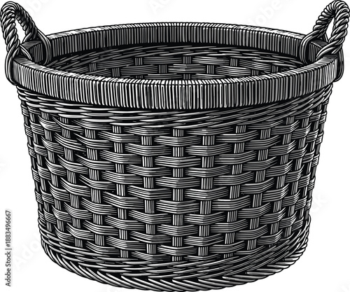 Black and white of a woven basket with handles wicker basket