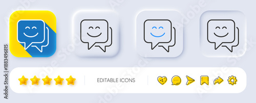 Smile face line icon. Neumorphic, Flat shadow, 3d buttons. Happy emoticon chat sign. Speech bubble symbol. Line smile face icon. Social media icons. Vector