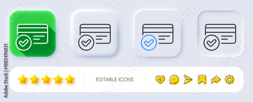 Approved credit card line icon. Neumorphic, Flat shadow, 3d buttons. Accepted payment methods sign. Verification symbol. Line payment methods icon. Social media icons. Vector