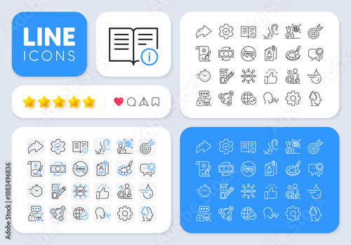 Timer, Whisper and Employees messenger line icons for web app. Message, Share, Like social media icons. Pack of Dao, Change money, Breathing exercise pictogram icons. Vector