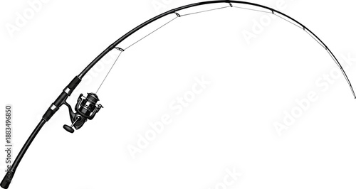 Black fishing rod with silver accents and spinning reel on white background
