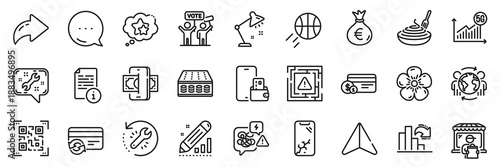 Stress, Qr code and Decreasing graph line icons pack. Share, Message, Paper plane icons. Natural linen, Manual, Pasta dish web icon. Table lamp, Spanner, Ranking stars pictogram. Vector