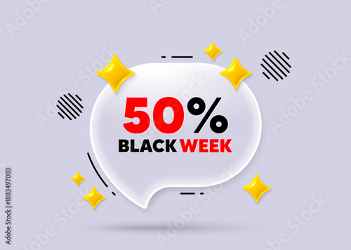 Black week chat speech bubble. Social media concept. Black week 50 percent sale. Special discount sign. Black friday offer symbol. 3d sparkles chat bubble. Vector