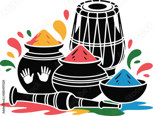 A vibrant still life featuring traditional indian musical instruments and holi color powders