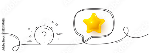 Quiz line icon. Continuous line with 3d star. Timer with question mark. Faq time symbol. 3d star in speech bubble. Quiz single line ribbon. Loop curve pattern. Vector