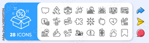 Battery, Gift and Search line icons. Interest rate, AI generate, Inflation icons. Pack of Warning briefcase, Bid offer, Analytics graph icon. Sale, Journey, Information pictogram. Vector