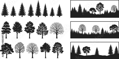 Black silhouette trees on white background tree silhouettes black trees forest landscape