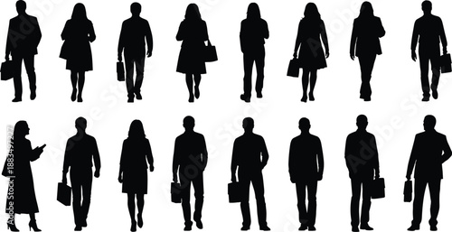Black silhouettes of business people walking white background