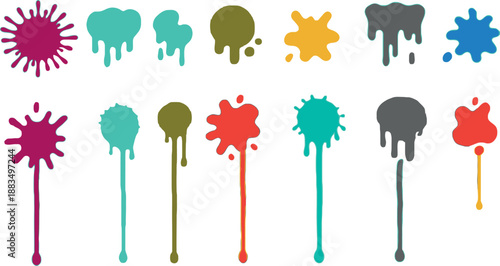 A vibrant array of colorful paint splatters and dripping ink stains is vividly presented against a stark black background, perfect for artistic and grunge-themed designs.