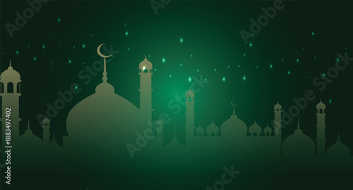 Green Ramadan Mosque Skyline Background with Crescent Moon – Islamic Eid Celebration Illustration