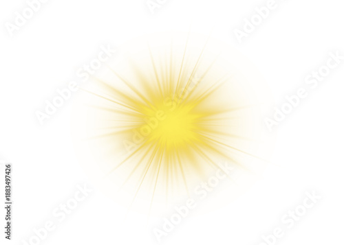 Yellow star flashed with sparkles sun isolated on white background. Soft glow without departing rays, sunlight with lens flare effect. PNG vector light effect