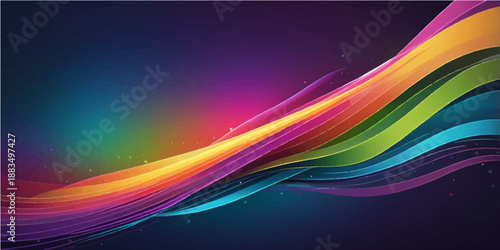 An abstract colorful wave background features a vibrant rainbow design with flowing lines and light curves to create a dynamic motion effect for a modern vector wallpaper template