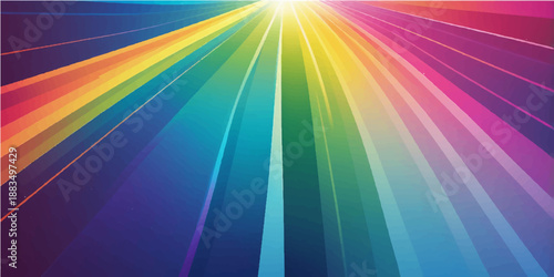 Bright abstract rainbow background illustration featuring a colorful sun burst of light rays and star flare design patterns on a glowing blue sky backdrop vector wallpaper