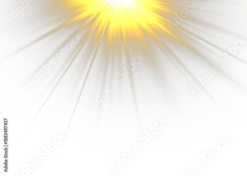Yellow star flashed with sparkles sun isolated on white background. Soft glow without departing rays, sunlight with lens flare effect. PNG vector light effect